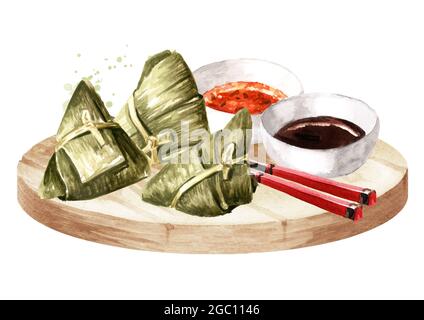Reisknödel oder Zongzi mit Sauce und Essstäbchen auf der Platte, chinesisches Boot Drachenfest. Handgezeichnete Aquarellillustration, isoliert auf Weiß Stockfoto