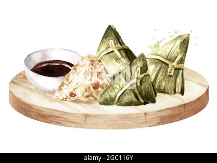 Reisknödel oder Zongzi Einwickeln in Bambusblätter mit Sauce auf der Platte, Chinese Boat Dragon Festival. Handgezeichnete Aquarelldarstellung, isolieren Stockfoto