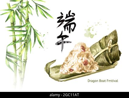 Traditionelle chinesische Reisknödel oder Zongzi Umhüllung in Bambusblätter. Bildunterschrift bedeutet „Drachenbootfest“. Handgezeichnete Aquarelldarstellung isoliert Stockfoto