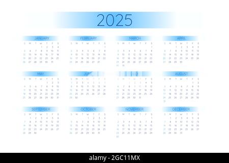 2025 Taschenkalender-Schablone im streng minimalistischen Stil mit blauen Farbverläufen, horizontales Format. Die Woche beginnt am Sonntag. Stock Vektor