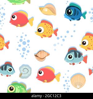 Lustige lustige Fische. Den Boden des Behälters. Meer. Blasen. Unterwasserlandschaft mit Pflanzen, Algen und Korallen. Nahtlos. Abbildung in Stock Vektor