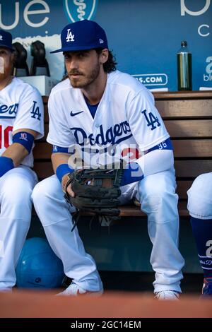 Los Angeles Dodgers Outfielder Cody Bellinger (35) posiert vor einem MLB-Spiel der regulären Saison gegen die Houston Astros, Mittwoch, 4. August 2021, in L Stockfoto