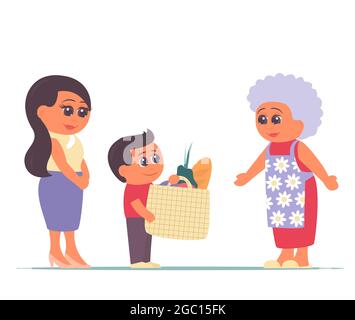 Ein kleiner Enkel mit seiner Mutter brachte seiner Großmutter Essen. Pflege für ältere Menschen. Liebe in der Familie. Vektor isolierte Cartoon-Illustration Stock Vektor