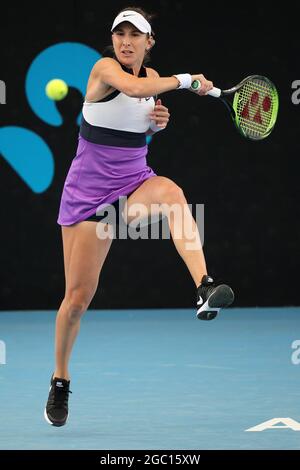 ADELAIDE, AUSTRALIEN - 24. FEBRUAR: Belinda Bencic aus der Schweiz spielt am dritten Tag des Adelaide International Tennisturniers im Memorial Drive am 24. Februar 2021 in Adelaide, Australien, während ihres Einzelspieles gegen Misaki Doi aus Japan. (Foto von Peter Mundy/Speed Media/Icon Sportswire) Kredit: Peter Mundy/Speed Media/Alamy Live News Stockfoto