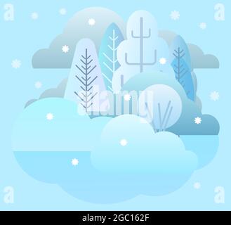 Winterwald. Flache symbolische Illustration. Kalte Drifts und schneebedeckte Bäume. Weißes und blaues Bild. Vektor Stock Vektor