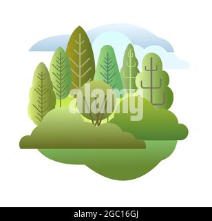 Waldlandschaft. Flache symbolische Illustration. Sommerwald mit Bäumen und Sträuchern. Ländliche Tierwelt. Vorstädtische Landschaft mit Bäumen. Isoliert Stock Vektor