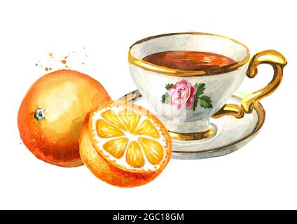 Tasse Tee und Orangenfruchtscheibe. Handgezeichnete Aquarelldarstellung isoliert auf weißem Hintergrund Stockfoto