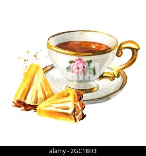 Tasse Tee und Ananasscheibe. Handgezeichnete Aquarelldarstellung isoliert auf weißem Hintergrund Stockfoto