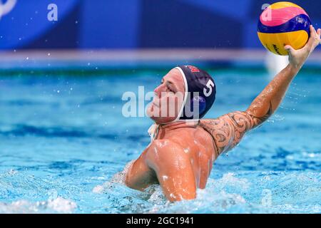 Tokio, Japan. August 2021. TOKIO, JAPAN - 6. AUGUST: Hannes Daube aus den Vereinigten Staaten während des olympischen Wasserball-Turniers 2020 in Tokio (5.-8. Spiel zwischen Italien und den Vereinigten Staaten) im Tatsumi Waterpolo Center am 6. August 2021 in Tokio, Japan (Foto: Marcel ter Bals/Orange Picics) Credit: Orange Pics BV/Alamy Live News Stockfoto