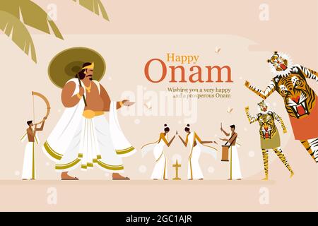 Onam Festival begrüßt Hintergrund mit König Mahabali und traditionellen Kunstformen. Onam ist ein Erntefest in Kerala, Indien Stock Vektor