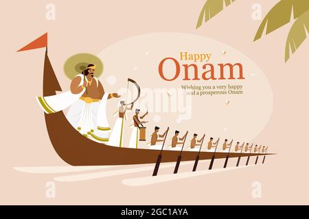 König Mahabali und Ruderer in einem Schlangenboot feiern Onam. Onam ist ein Erntefest in Kerala, Indien Stock Vektor