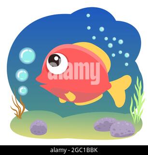 Tropischer roter Fisch. Kleine Landschaft. Unterwasserwelt. Wilde Tiere. Meer, Meer. Sommerwasser. Isoliert auf weißem Hintergrund. Illustration in Cartoon Stock Vektor