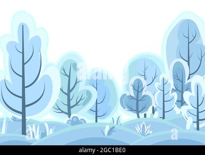 Flacher Winterwald. Schöne frostige Landschaft, Schneebäume. Illustration im einfachen symbolischen Stil. Lustige Szene. Comic-Design. Land driftet ab Stock Vektor