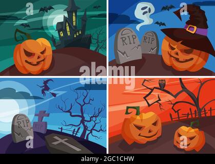 Set von Halloween-Banner im Cartoon-Stil. Verschiedene Plakatdesigns. Stock Vektor