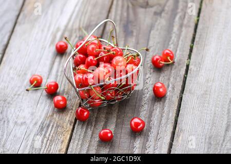 Kirsche in kleinem Metallkorb auf Holzoberfläche. Reife frische Bio-Süßkirschen im Sommer auf dem Land. Stockfoto