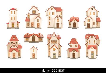Eine große Reihe von weißen Cartoon-Häusern mit einem roten Dach. Ein schönes, gemütliches Landhaus im traditionellen europäischen Stil. Sammlung von niedlichen lustigen Häusern Stock Vektor