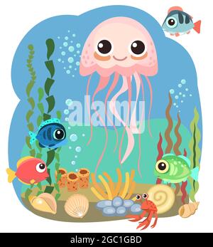 Quallen, kleine Landschaft. Unterwasserwelt. Wilde Tiere. Meer, Meer. Sommerwasser. Isoliert auf weißem Hintergrund. Illustration im Cartoon-Stil Stock Vektor