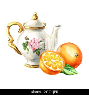 Teekannen- und Orangenfruchtscheibe. Handgezeichnete Aquarelldarstellung isoliert auf weißem Hintergrund Stockfoto