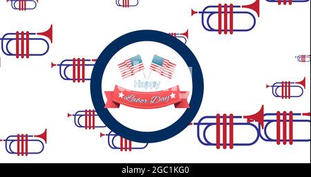 Bild des glücklichen Arbeitstags-Textes über digitalen Symbolen auf weißem Hintergrund Stockfoto