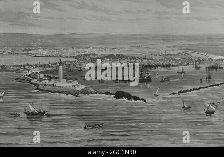 Ägypten, Alexandria. Gesamtansicht der Stadt vom alten Hafen. Gravur von Rico. La Ilustración Española y Americana, 1882. Stockfoto