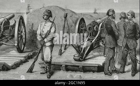 Ägyptischer Konflikt mit den Briten, 1882. Ägypten. Alexandria. Ägyptische Batterie von Krupp-Kanonen in Mecks Fort. Gravur von Rico. Details. La Ilustración Española y Americana, 1882. Stockfoto