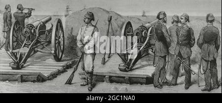 Ägyptischer Konflikt mit den Briten, 1882. Ägypten. Alexandria. Ägyptische Batterie von Krupp-Kanonen in Mecks Fort. Gravur von Rico. La Ilustración Española y Americana, 1882. Stockfoto