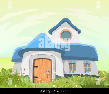 Fabelhaftes lustiges Haus auf der Lichtung. Blaues Dach. Graswiese. Schöne Cartoon Landschaft Illustration. Holztür und Fenster. Nettes Baby Bild Stock Vektor