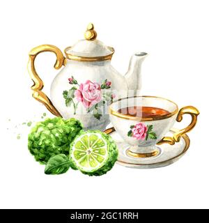 Teekannen, Tasse Tee und Bergamotte-Fruchtscheibe. Handgezeichnete Aquarelldarstellung isoliert auf weißem Hintergrund Stockfoto