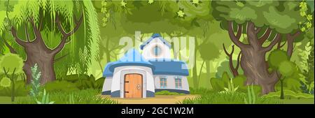 Fabelhaftes lustiges Haus auf der Lichtung. Waldwiesenlandschaft. Wohnung des Gnom. Horizontal. Schöne Cartoon-Illustration. Nettes Baby Bild. Vektor Stock Vektor