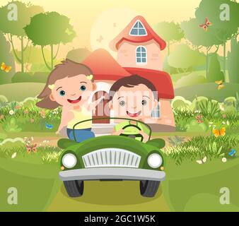 Kinder gehen auf Abenteuer in kleinen Auto. Kind fährt Pedal oder Spielzeug Elektroauto. Cartoon-Illustration für Kinder. Sommerliche Lichtlandschaft. Straße und Haus Stock Vektor