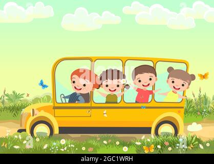 Abenteuer von Kindern im Urlaub. Ländliche Landschaft mit Wiese und Straße. Kinder Karikatur Illustration. Automobilbustourismus. Reisen Stock Vektor