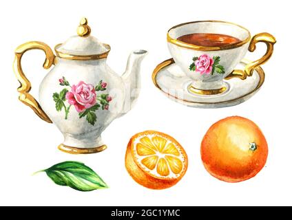Teekocher, Tasse Tee und Orangenfruchtscheiben. Handgezeichnete Aquarelldarstellung isoliert auf weißem Hintergrund Stockfoto