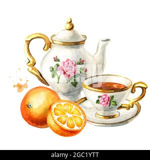 Teekannen, eine Tasse Tee und Orangenfrucht. Handgezeichnete Aquarelldarstellung isoliert auf weißem Hintergrund Stockfoto