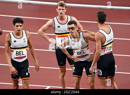 Der Belgier Jonathan Sacoor, der Belgier Alexander Doom, der Belgier Jonathan Borlee und der Belgier Dylan Borlee im Bild nach den Vorläufen der 4x400-m-Staffel rac Stockfoto