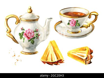 Set aus Teekannen, einer Tasse Tee und Ananasscheiben. Handgezeichnete Aquarelldarstellung isoliert auf weißem Hintergrund Stockfoto
