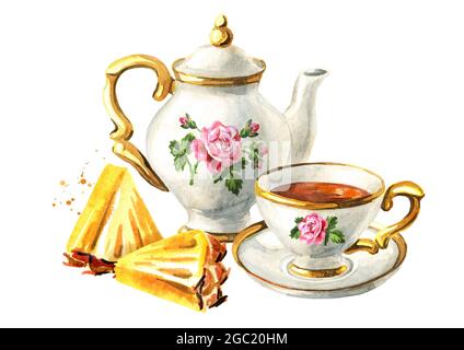 Teekannen, Tasse Tee und Ananasscheibe. Handgezeichnete Aquarelldarstellung isoliert auf weißem Hintergrund Stockfoto