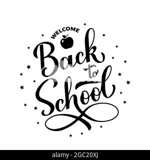 Willkommen Back to School Kalligraphie Hand Schriftzug isoliert auf weiß. Vektorvorlage für Typografie Poster, Logo Design, Banner, Flyer, Grußkarte, Stock Vektor