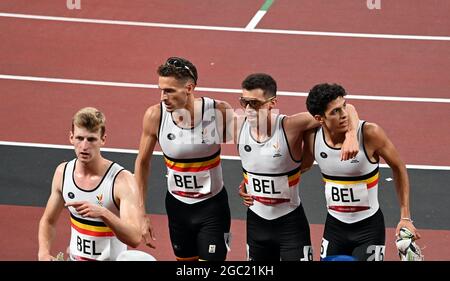 Der Belgier Alexander Doom, der Belgier Dylan Borlee, der Belgier Jonathan Borlee und der Belgier Jonathan Sacoor im Bild nach den Vorläufen der 4x400-m-Staffel rac Stockfoto