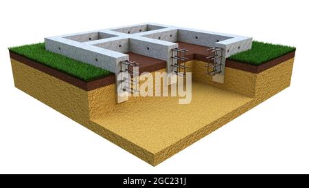 Gegossene Stahlbetonwandbasis - isolierte industrielle 3D-Darstellung Stockfoto