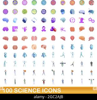 100 Science Icons Set. Cartoon Illustration von 100 Science Icons Vector Set isoliert auf weißem Hintergrund Stock Vektor