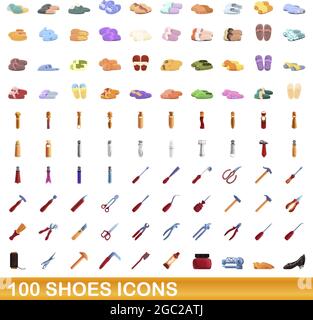 100 Schuhe Icons Set. Cartoon Illustration von 100 Schuhe Symbole Vektor-Set isoliert auf weißem Hintergrund Stock Vektor