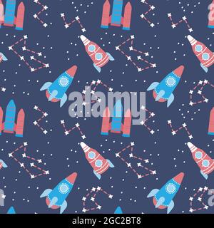 Lustige Raketen nahtlose Muster Vektor Illustration. Hintergrund des Universums Stock Vektor