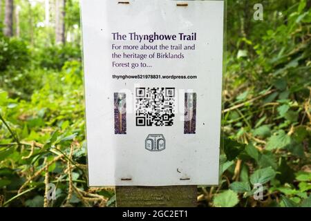 QR-Schild für den Thynghowe Trail. Ein historischer Pfad oder ein Spaziergang durch den Sherwood Forest. Stockfoto