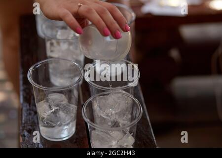 Junge Frau auf einer Junggesellinnenparty macht einen Mojito-Cocktail für die Firma. Anweisungen zur Vorbereitung. Schritt 1. Hochwertige Fotos Stockfoto