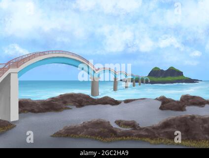 Sanxiantai Insel, eine digitale Malerei der Landschaft aus Sand und Felsen Strand mit Bogenbrücke in Taitung, Taiwan Raster 3D-Illustration Anime Hintergrund. Stockfoto