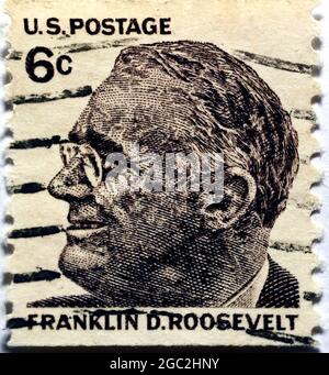 Eine in den USA gedruckte Briefmarke zeigt das Porträt von Franklin Delano Roosevelt FDR (1882-1945), dem 32. Präsidenten der Vereinigten Staaten von Amerika, Value Stockfoto