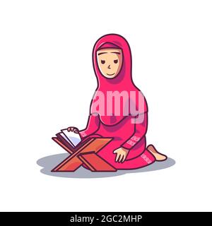 Muslimische Frau, die den heiligen koran liest. Illustration im Cartoon-Stil Stock Vektor