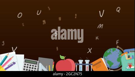 Digitales Bild der Schule Konzept Symbole mehrere wechselnde Zahlen und Alphabete schweben gegen b Stockfoto