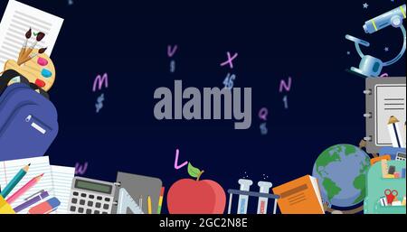 Digitales Bild der Schule Konzept Symbole gegen mehrere Zahlen und Alphabete schweben gegen BL Stockfoto