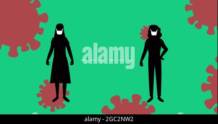 Silhouette von zwei Frauen, die Gesichtsmaske tragen und die soziale Distanzierung gegen Covid-19-Zellen aufrechterhalten Stockfoto